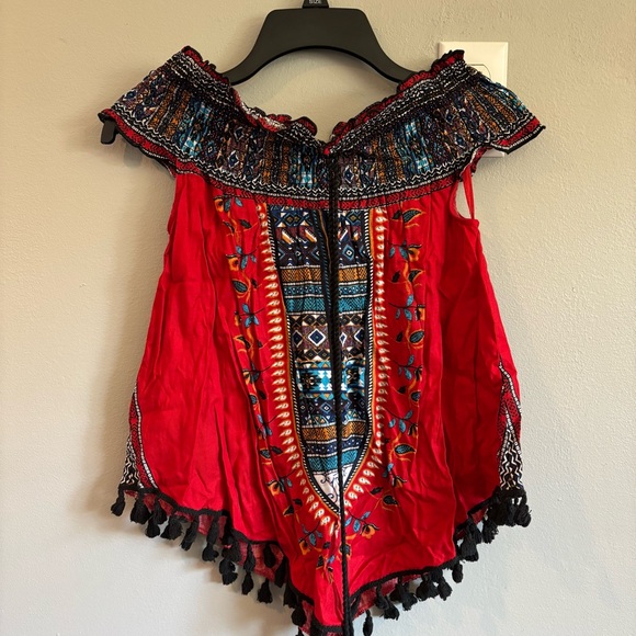 Midnight Sky Tops - Vibrant Red Embroidered Off-Shoulder Blouse